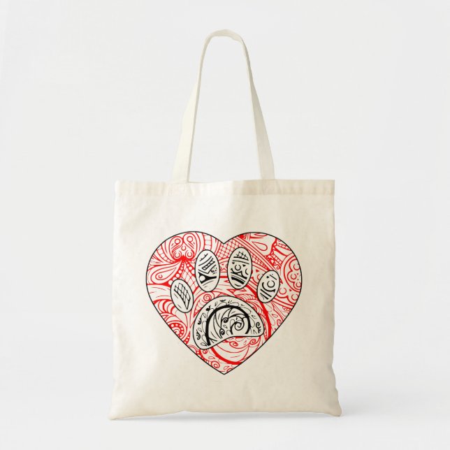 Floral Mandala Dog Paw Print Red Heart Tote Bag (Front)