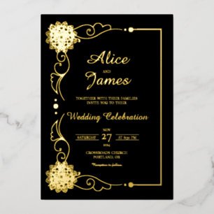 Floral Mandala Elegant Black Gold Foil Wedding Invitation