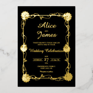 Floral Mandala Elegant Black Gold Foil Wedding Invitation