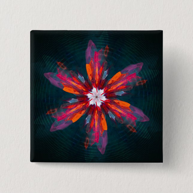 Floral Mandala Flowers Orange Red Blue Abstract Button (Front)