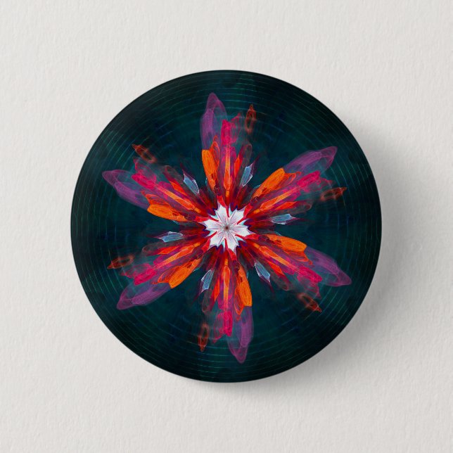Floral Mandala Flowers Orange Red Blue Abstract Button (Front)