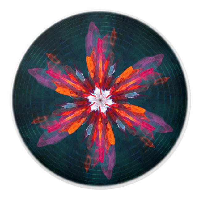 Floral Mandala Flowers Orange Red Blue Abstract Ceramic Knob (Front)