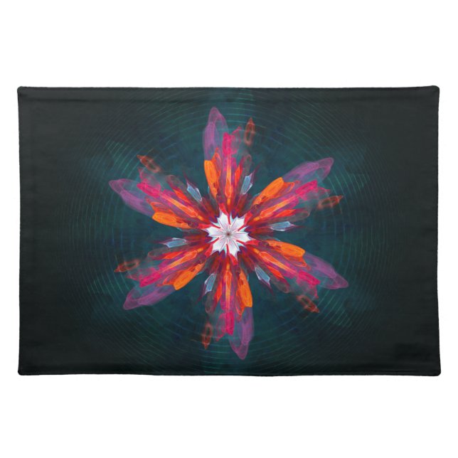 Floral Mandala Flowers Orange Red Blue Abstract Cloth Placemat (Front)