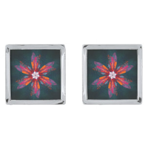 Floral Mandala Flowers Orange Red Blue Abstract Cufflinks
