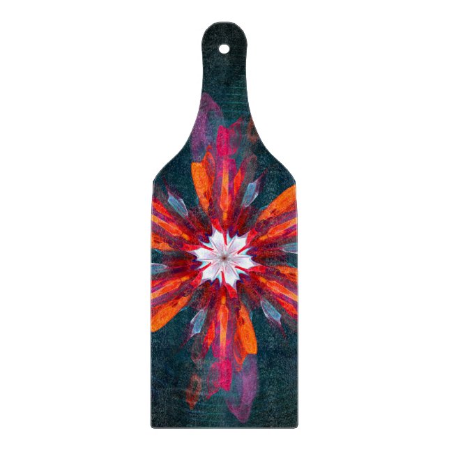 Floral Mandala Flowers Orange Red Blue Abstract Cutting Board (Front)