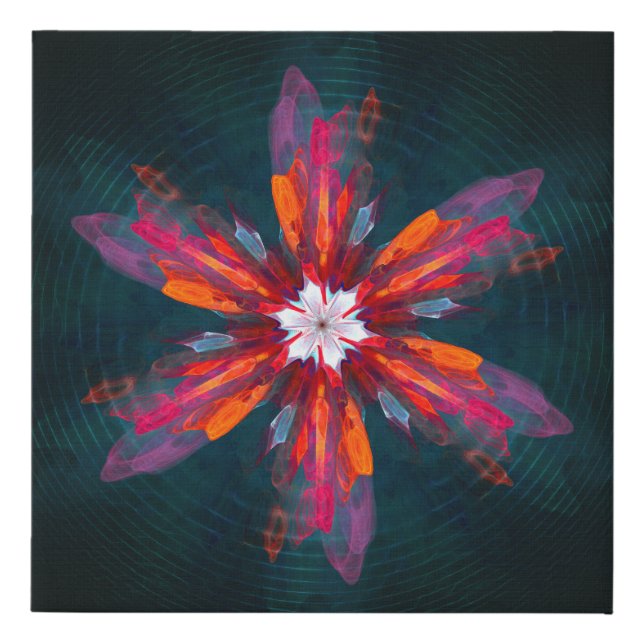 Floral Mandala Flowers Orange Red Blue Abstract Faux Canvas Print (Front)
