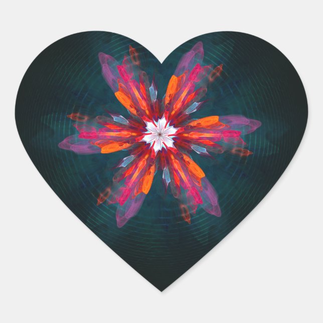 Floral Mandala Flowers Orange Red Blue Abstract Heart Sticker (Front)