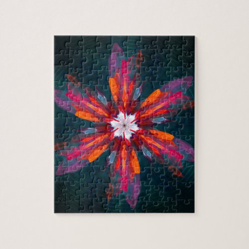 Floral Mandala Flowers Orange Red Blue Abstract Jigsaw Puzzle