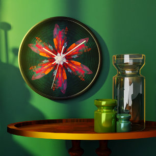 Floral Mandala Flowers Orange Red Blue Abstract Large Clock