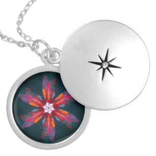 Floral Mandala Flowers Orange Red Blue Abstract Locket Necklace
