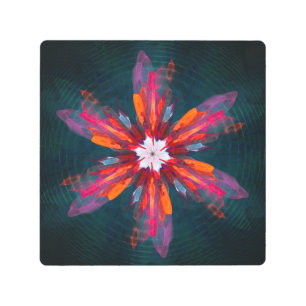 Floral Mandala Flowers Orange Red Blue Abstract Metal Print