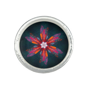 Floral Mandala Flowers Orange Red Blue Abstract Ring
