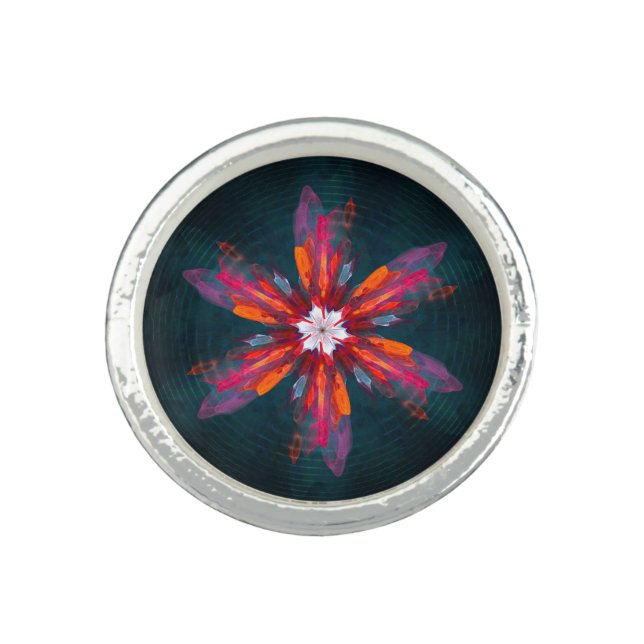 Floral Mandala Flowers Orange Red Blue Abstract Ring (Front)