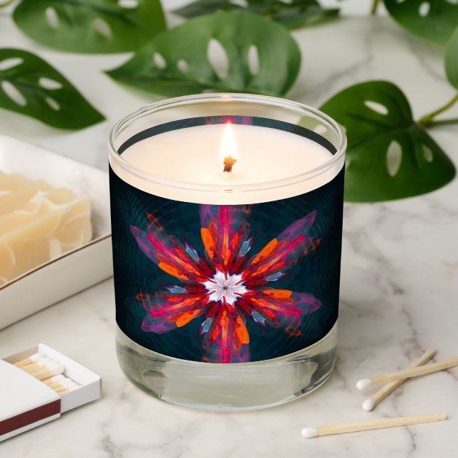 Floral Mandala Flowers Orange Red Blue Abstract Scented Candle (Lit)