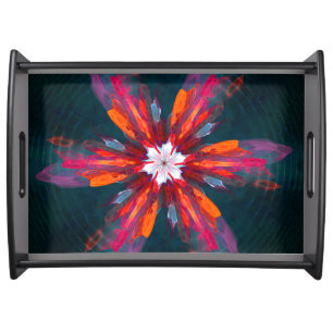 Floral Mandala Flowers Orange Red Blue Abstract Serving Tray