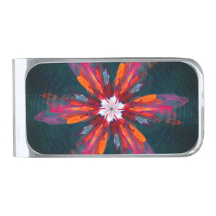 Floral Mandala Flowers Orange Red Blue Abstract Silver Finish Money Clip