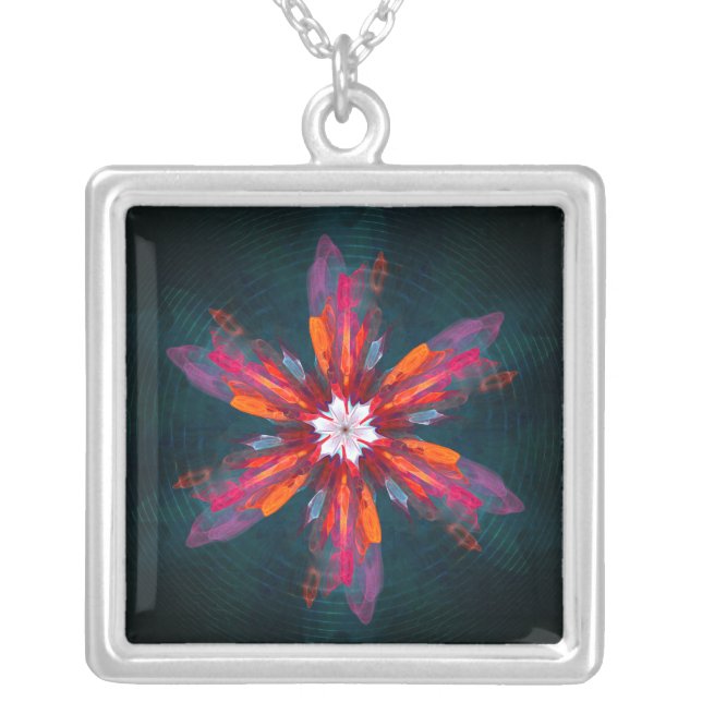 Floral Mandala Flowers Orange Red Blue Abstract Silver Plated Necklace (Front)