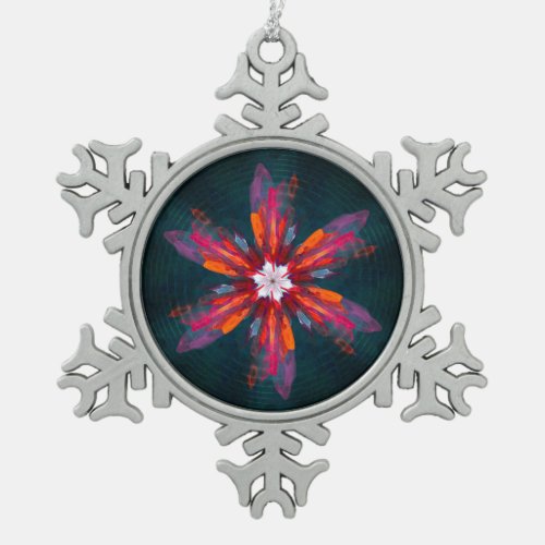 Floral Mandala Flowers Orange Red Blue Abstract Snowflake Pewter Christmas Ornament