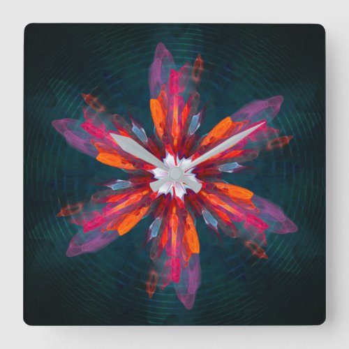 Floral Mandala Flowers Orange Red Blue Abstract Square Wall Clock