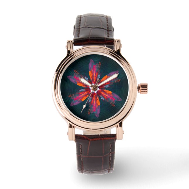 Floral Mandala Flowers Orange Red Blue Abstract Watch (Front)