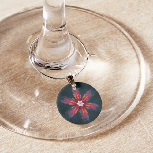 Floral Mandala Flowers Orange Red Blue Abstract Wine Charm