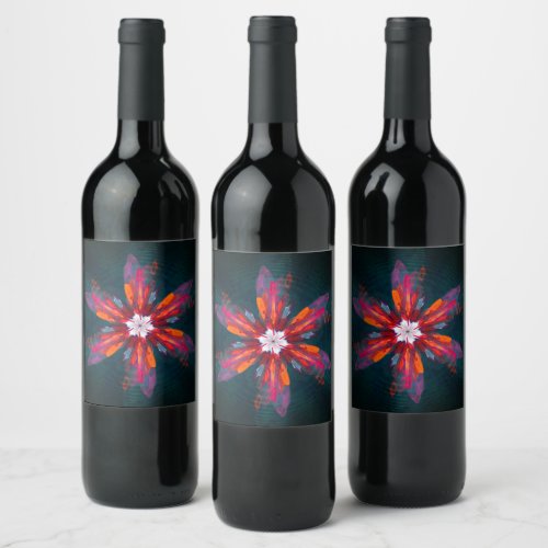 Floral Mandala Flowers Orange Red Blue Abstract Wine Label
