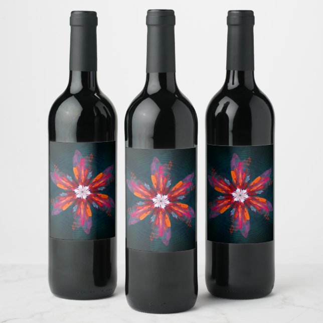Floral Mandala Flowers Orange Red Blue Abstract Wine Label (Bottles)