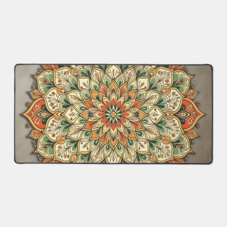 Floral Mandala Gold Orange Green Kaleidoscope Desk Mat
