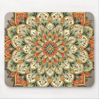 Floral Mandala Gold Orange Green Kaleidoscope Mouse Pad