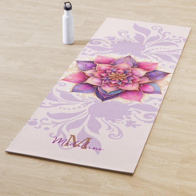 Floral Mandala Gold Purple Elegant Name Monogram Yoga Mat (In Situ)