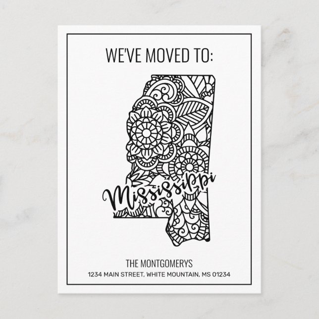 Floral Mandala Mississippi State Moving Announcement Postcard (Front)