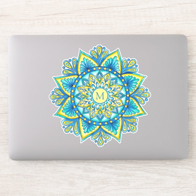 Floral Mandala Monogram Blue Turquoise Yellow Sticker (Computer)