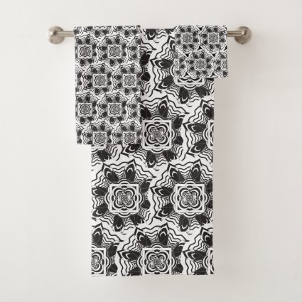 Floral Mandala Pattern Black and White Bath Towels