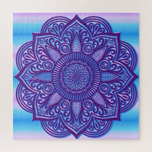 Floral Mandala Peace Colorful Purple Aqua Blue Jigsaw Puzzle