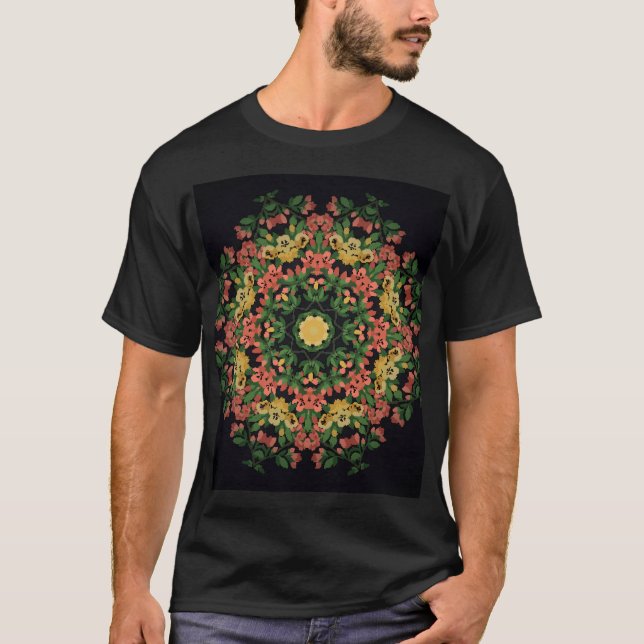 Floral mandala: red, yellow vintage. T-Shirt (Front)