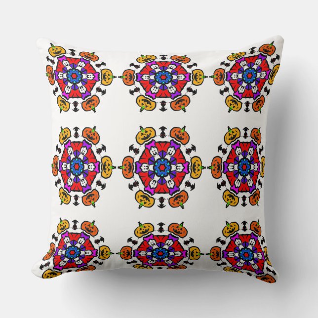 Floral Mandala Seamless Pattern Spooky Pumpkin Throw Pillow (Front)