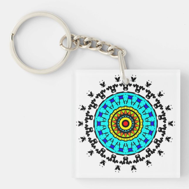 Floral Mandala Seamless Pattern Vivid Cyan Gold Keychain (Front)