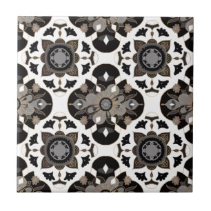 Floral Mandala Taupe Gray Black Ceramic Tile