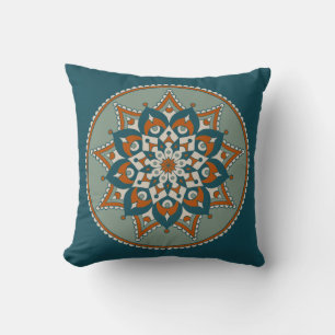 Floral Mandala, Teal, Olive and Rust Throw Pillow