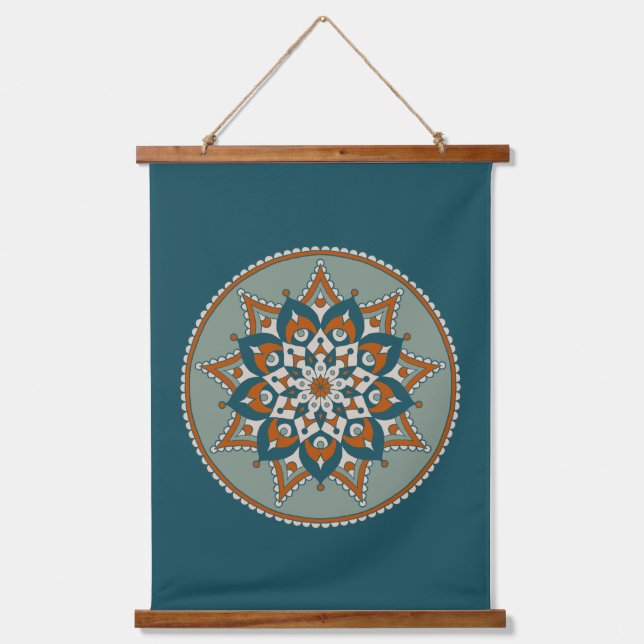 Floral Mandala, Teal, Olive, Rust, Cream Hanging Tapestry (Front)