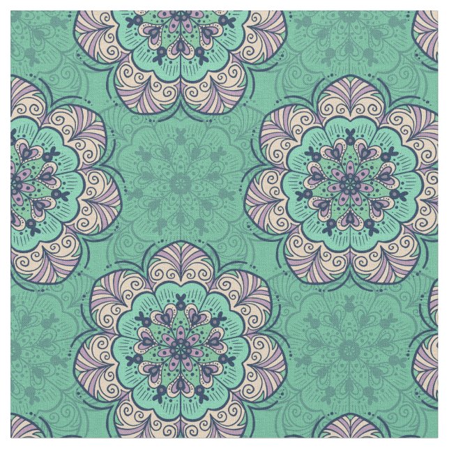 Floral Mandala Tile in Mint & Lavender Fabric (Close Up)