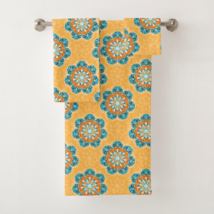 Floral Mandala Tile in Orange & Teal Bath Towel Set