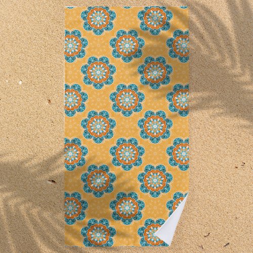 Floral Mandala Tile in Orange  Teal Beach Towel