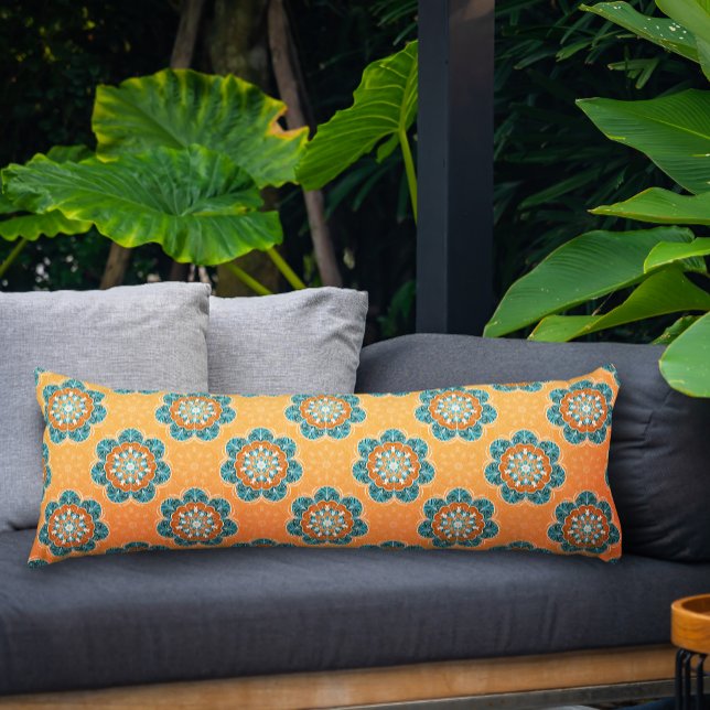 Floral Mandala Tile in Orange & Teal Body Pillow (Yellow Mandala Pattern Body Pillow)