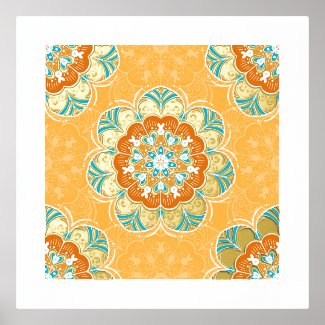 Floral Mandala Tile in Orange & Teal
