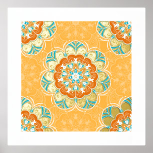 Floral Mandala Tile in Orange & Teal Foil Prints