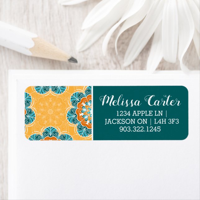 Floral Mandala Tile in Orange & Teal Label (Insitu)