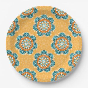 Floral Mandala Tile in Orange & Teal Paper Plates