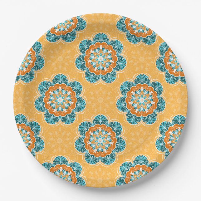Floral Mandala Tile in Orange & Teal Paper Plates (Front)