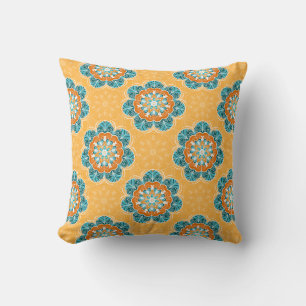Floral Mandala Tile in Orange & Teal Throw Pillow